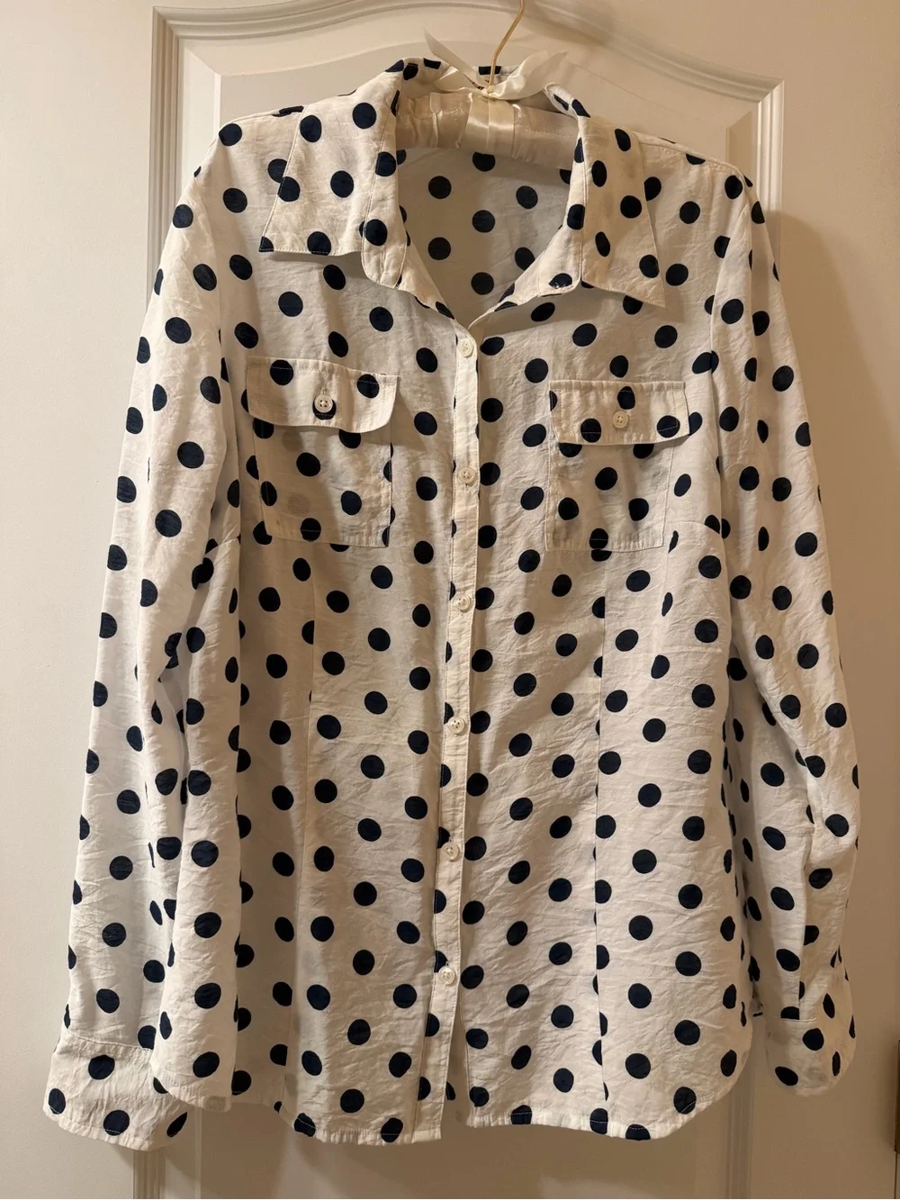 NWOT White Button-Up Shirt with Black Polka Dots - Picture 1 of 8